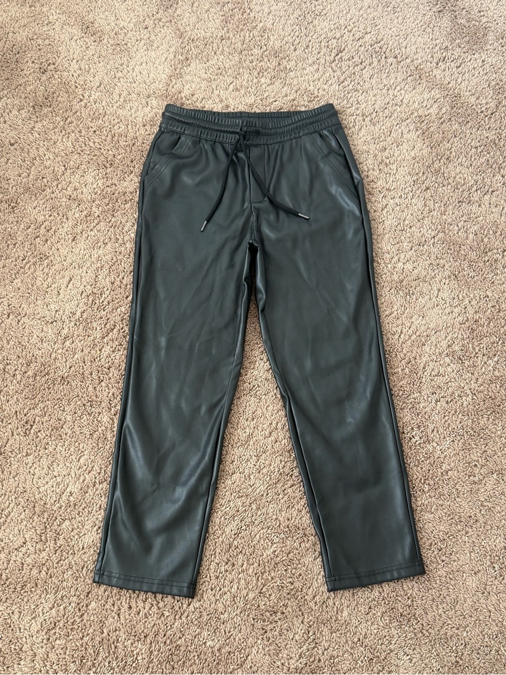 Women's Black Faux Leather Cropped Jogger Pants- Small